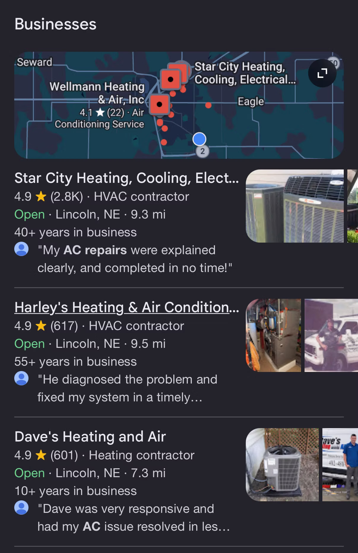 Google Maps map pack results showing an HVAC business ranking in the top local search positions
